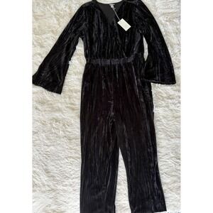 A New Day Black Velvet Jumpsuit Long Sleeve Flared Leg Women's Size L New W: tag